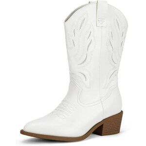 Women White Western Boots Mid Calf Embroidery Stitched Pointed Toe Boots